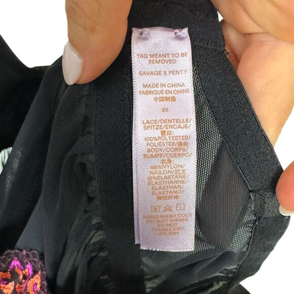 Savage X Fenty Black Sheer Mesh Pink Orange Flower Embroidered Babydoll Lingerie - Picture 9 of 9